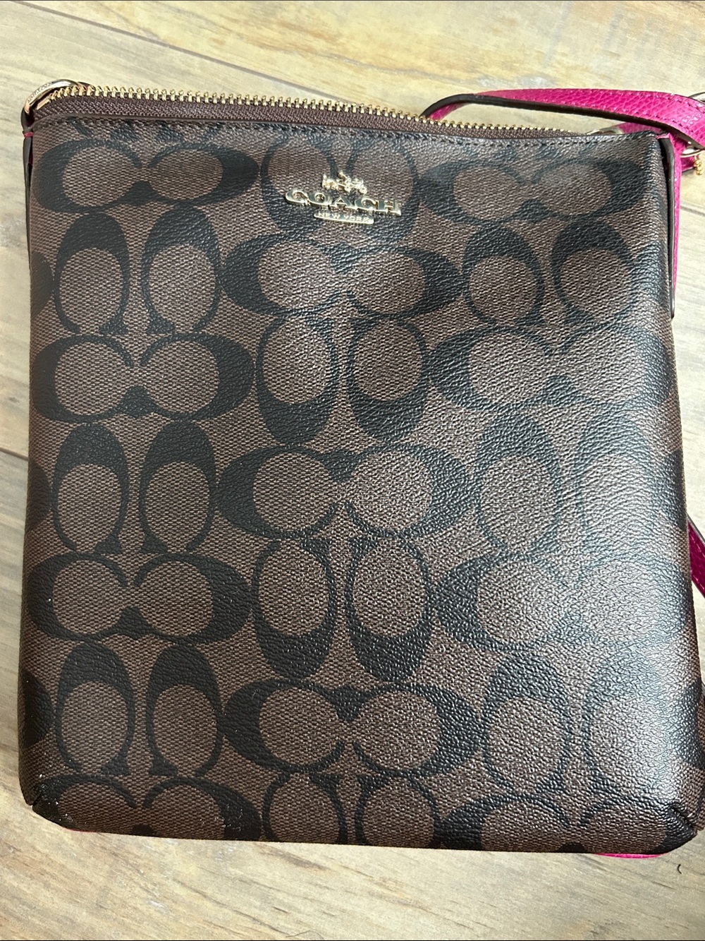 Coach Brown Signature Crossbody with Pink Strap